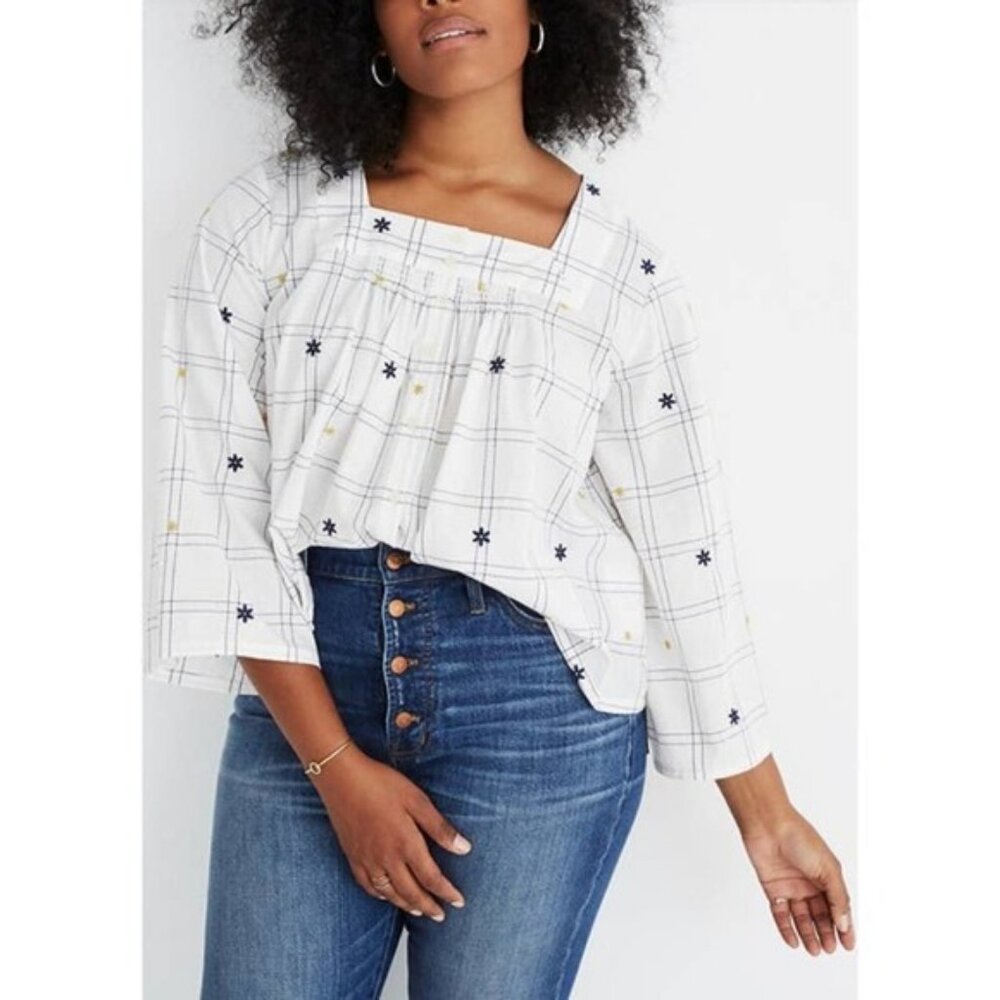Madewell Windowpane Square Neck Button Down Top White Size XXL